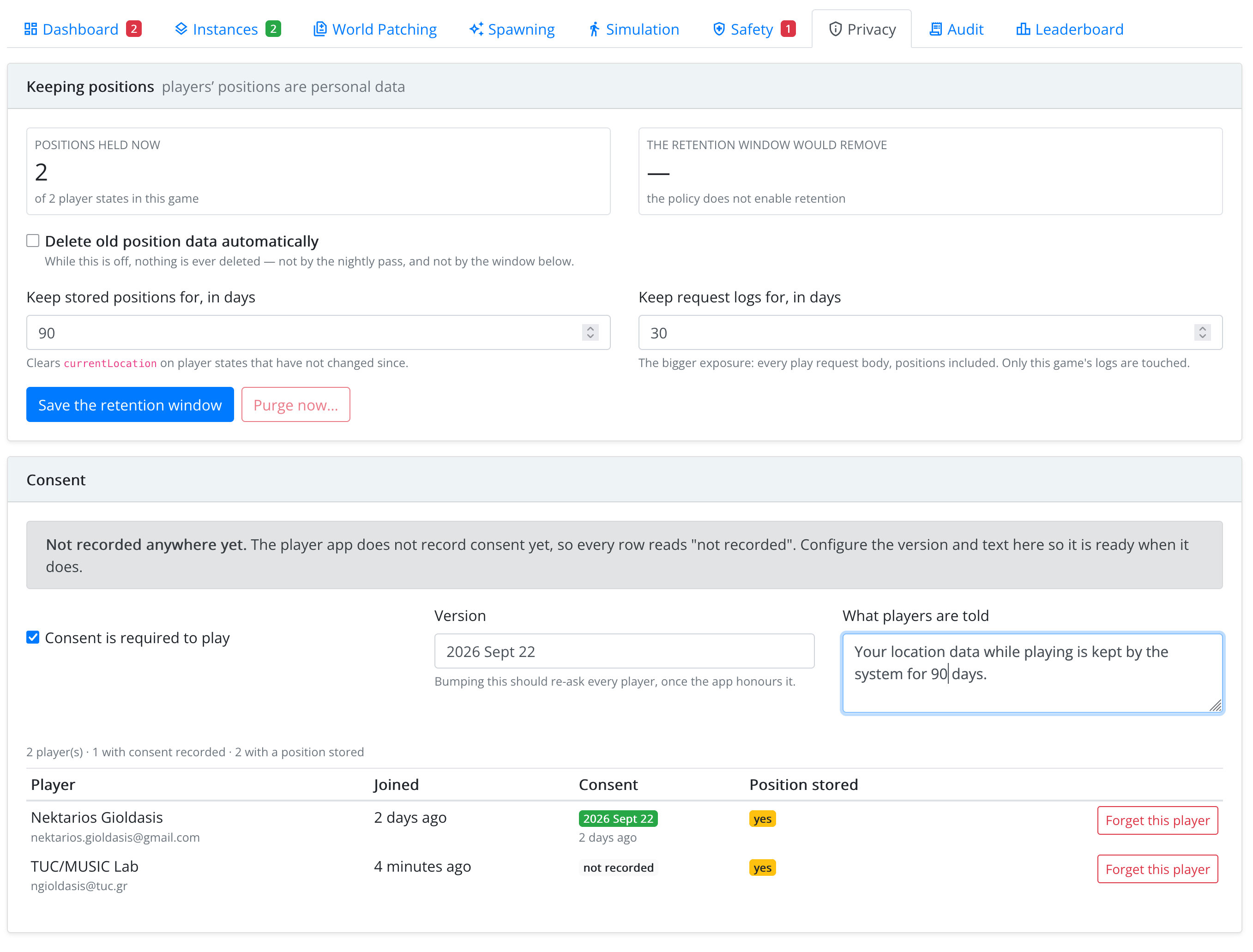 Retention of position data, and the consent roster